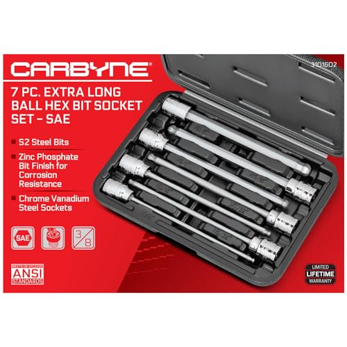 CARBYNE 7-Piece Extra Long Ball End Hex (Allen) Bit Socket Set, SAE 1/8 in. to 3/8 in., 3/8 in. Drive, S2 Steel, CrV Sockets, Zinc Phosphate Bit Finish, 6.1 in. Length, Durable Case - style: SAE, Ball-End