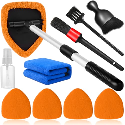 Qydipclin 10pcs Windshield Cleaning Tool Inside Car Window Cleaner Wash Kit with 4 Reusable Microfiber Pads 1 Spray Bottle and Extendable Handle Interior Auto Glass Wiper Kit, Orange - color: Orange