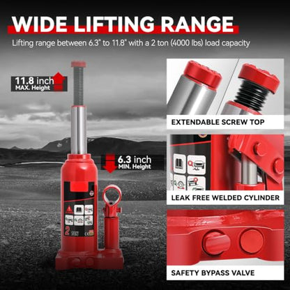 Auto Dynasty 2 Ton Hydraulic Bottle Jack, Automotive Welded Bottle Jack for Car, Pickup Truck, RV, Auto Repair, 6" to 12" Lifting Range (Red) - color: Red, size: 2 Ton