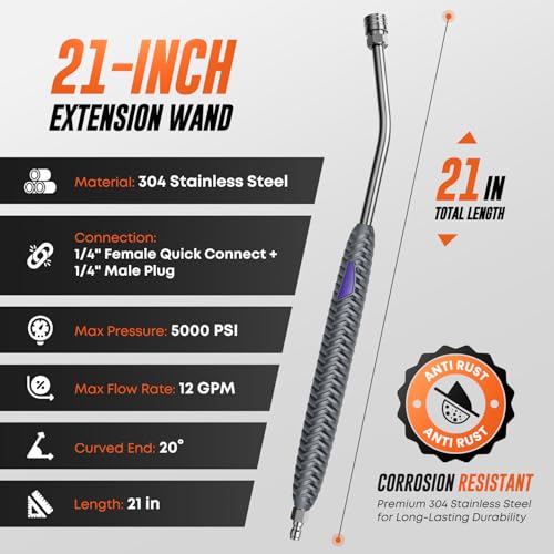 Pressure Washer Extension Wand, Pressure Washer Wand 1/4 Quick Connect | 304 stainless steel, 21 in, 20 degree angled end, anti-slip ribbed grip, 1/4 quick connect, 5000 PSI, 12 GPM - color: Dark Gray