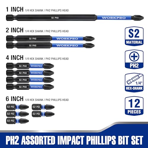 WORKPRO 12pcs PH2 Impact Phillips Screwdriver Bit Set, S2 Professional CNC Anti-Slip Magnetism Bits, 1/4" Hex-Shank #2 Phillips Impact Driver Bits, 1-6" Long Impact Screwdriving Bits with Holder - size: 1 in&2 in&4 in&6 in