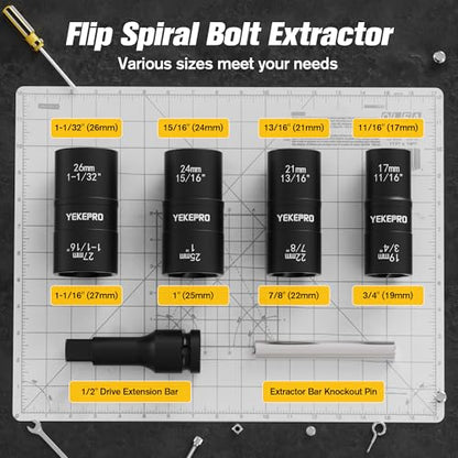 6PCS 2-in-1 Lug Nut Extractor Socket, 1/2" Drive Lug Nut Removal | 17-27MM, Double-Sided Impact Twist Sockets for Removing, Rusted & Damaged Lug Nuts, with Extension Bar & Knockout Pin