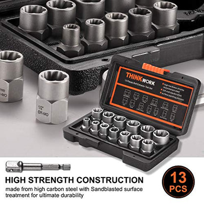 14-Piece Bolt Extractor Kit, 3/8" Drive Impact Bolt & Nut Remover Set | for Damaged, Rusted, Rounded-Off, Stripped Fasteners, 8-19mm, Cr-Mo Steel, Laser-Etched Marking, Storage Case - style: 13-Piece
