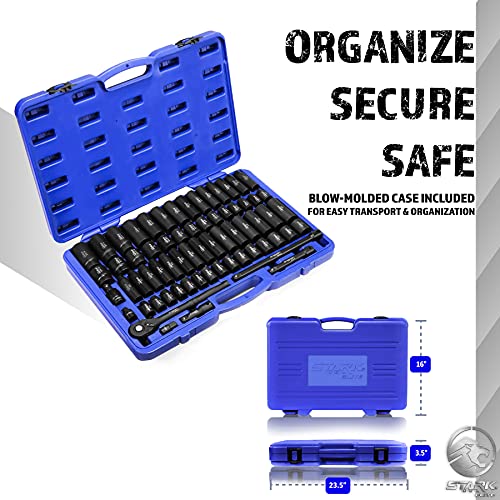 Stark USA 1/2" Drive Master Impact Socket Set, 65 Piece, Standard SAE (3/8"-1-1/4") & Metric (10-24 mm) Sizes, Deep & Shallow Kit, Includes Adapters & Ratchet Handle - style: 65pcs SAE/Metric Impact Socket Set