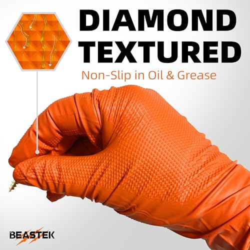 Beastek Nitrile Disposable Gloves, 8Mil Latex & Powder Free Chemical Resistant Heavy Duty Cooking Diamond Glove Orange 100Pcs - color: Large (Orange)