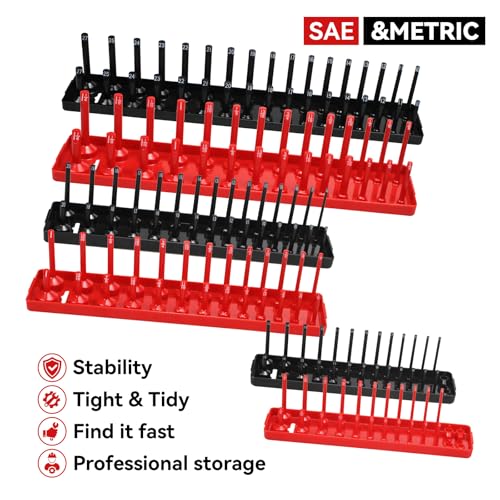 AIUITIO 6PCS Socket Organizer Tray Set, Red SAE & Black Metric Socket Storage Trays, 1/4-Inch, 3/8-Inch & 1/2-Inch Drive Deep and Shallow Socket Holders for Toolboxes