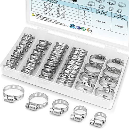 TICONN 40PCS Hose Clamp Set - 1/4''–1-1/8'' 304 Stainless Steel Worm Gear Hose Clamps for Pipe, Intercooler, Plumbing, Tube and Fuel Line - size: 40 Pcs Kit, Combo