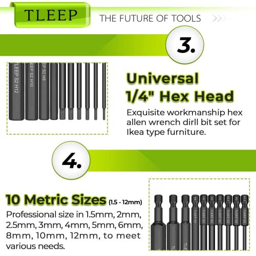 1/4 Inch 3.94" Long Allen Wrench Drill Bits w/ 1/4" Quick Change Bit Driver, Metric Hex Screwdriver Set, Magnetic Allen Key Drill Bit Set 1.5mm-12mm S2 Steel Allen Socket Set for Ikea Furniture - color: Set 10: Metric and Quick Change Bit Driver