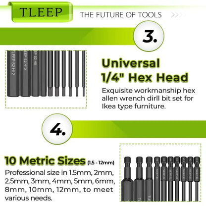 1/4 Inch 3.94" Long Allen Wrench Drill Bits w/ 1/4" Quick Change Bit Driver, Metric Hex Screwdriver Set, Magnetic Allen Key Drill Bit Set 1.5mm-12mm S2 Steel Allen Socket Set for Ikea Furniture - color: Set 10: Metric and Quick Change Bit Driver