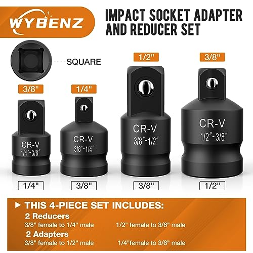4PCS Impact Socket Adapter and Reducer Set, 1/4" 3/8" 1/2" Impact Adapter Set Breaker Bar Wrench Conversion Kit Mechanic tools - style: 4PCS