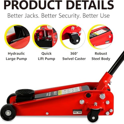 3 Ton Low Profile Floor Jack, Heavy Duty Steel Racing Floor Jack with Single Piston Quick Lift Pump, Lifting Range 5.1"-20", Hydraulic Professional Car Jacks 3 Ton/6000 LBS Capacity, Red - color: Red - 3 Ton(Single Pump), Lift 5.1"-20"