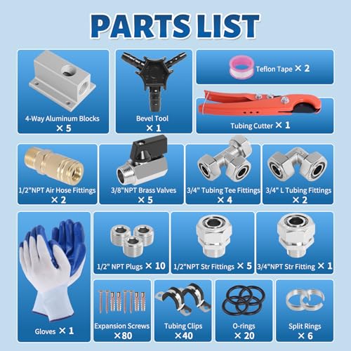 Shop Air Line Kit 3/4” 200FT Compressed Air Piping System HDPE-Aluminum-HDPE Air Tubing with 4-Way Aluminum Blocks Brass Valves Air Piping Fittings Kit Air Compressor Accessories for Garage - size: 3/4" OD 200FT
