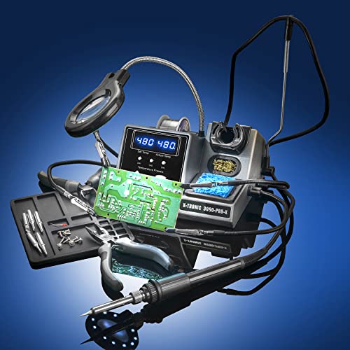 X-Tronic 3090-PRO-X – 75 W Soldering Iron Station – 5 Extra Tips, 2 LED Displays, Sleep Func, C/F, 3 Temp Presets, Mini Mag Lamp, 4 Helping Hands, Solder Sucker, Tweezers, Solder, Brass & Wet Sponges