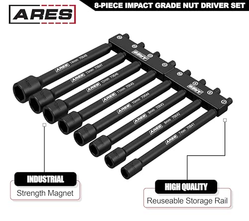 ARES 70640 8-Piece Metric Magnetic Impact Nut Driver Bit Set | Impact Grade Nut Setters with Industrial Strength Magnets - size: 8pc Metric Magnetic Impact Nut Driver Set
