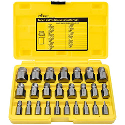 Topec 25Pcs Screw Extractor Set, Hex Head Multi-Spline Easy Out Bolt Extractor Set, Premium CR-MO Steel Rounded Bolt Remover - color: 25-piece