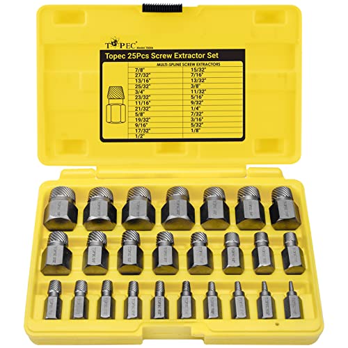 Topec 25Pcs Screw Extractor Set, Hex Head Multi-Spline Easy Out Bolt Extractor Set, Premium CR-MO Steel Rounded Bolt Remover - color: 25-piece