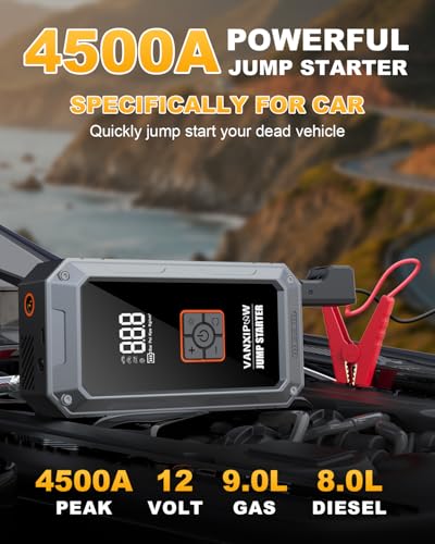 M1 Car Battery Jump Starter with Air Compressor 4500A 150PSI (9.0 L Gas/8.0L Diesel), Portable Car Jump Starter Power Pack, Battery Charger 12V Jump Box with LED Light, Large LED Display, Power Bank