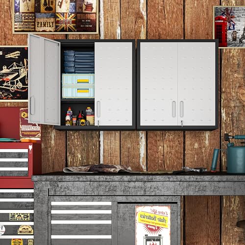 Metal Storage Cabinet for Garage, Tool Cabinet, Utility Cabinet | Wall Mounted, Hanging Tool Cabinet, Lockable, 2 Doors, Adjustable Shelves, Assembly Required, Black & Grey - color: Black & Grey