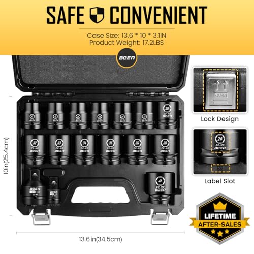 boen 3/4" Drive Metric Socket Set, 17mm - 41mm Large Impact Sockets, 6-Point CR-MO Steel, Rugged Construction,16PCS with a Storage Case, for Large Vehicle and Machinery Maintenance - size: 17mm-41mm