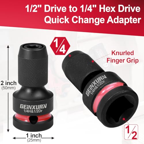 Geinxurn 2PCS Impact Screwdriver Bit Holders, 1/2-Inch Square Drive to 1/4-Inch Quick Release Hex Socket Adapter for Impact Wrench - size: 2pcs-1/2"
