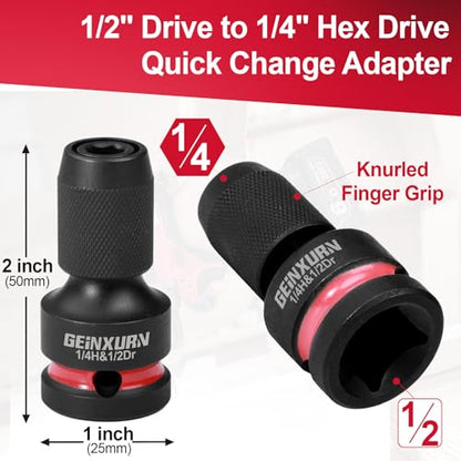 Geinxurn 2PCS Impact Screwdriver Bit Holders, 1/2-Inch Square Drive to 1/4-Inch Quick Release Hex Socket Adapter for Impact Wrench - size: 2pcs-1/2"