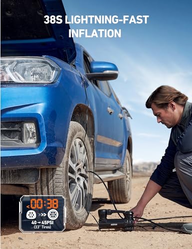 AstroAI T3 Heavy-Duty Air Compressor 12V Portable Offroad Air Compressor with 1.97CFM, 120PSI Tire Pump with Alligator Clips, LED Light for Pickups,Trucks, SUVs, RVs Cars for Up to 33 Inch Tires - style: Mechanical Screen