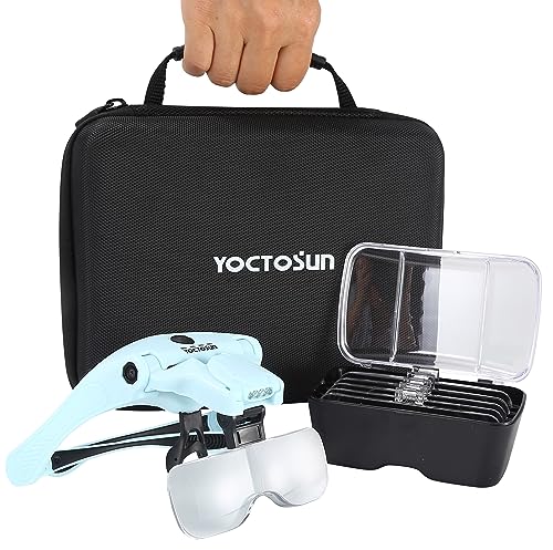 YOCTOSUN Magnifying Glasses with 4 LED Lights, Head Mount Magnifier with Storage Case,5 Lenses, Headband, Hands Free Lighted Head Magnifying Visor for Hobby Crafts & Close Work - color: Light Blue With Storage Case