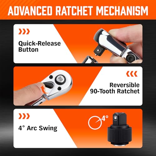 HORUSDY 3/8" Drive 90-Tooth Flex Head Ratchet Handle, 180° Adjustable CR-V Ratchet with Quick Release & Reversible Switch, 4° Swing Arc Socket Wrench for Automotive, Bike & DIY Repair - style: 3/8" Drive Flex Head Ratchet