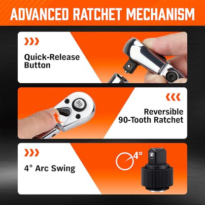 HORUSDY 3/8" Drive 90-Tooth Flex Head Ratchet Handle, 180° Adjustable CR-V Ratchet with Quick Release & Reversible Switch, 4° Swing Arc Socket Wrench for Automotive, Bike & DIY Repair - style: 3/8" Drive Flex Head Ratchet