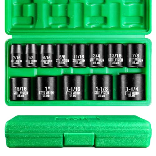 Steel Vision Tools 13-Piece 1/2-Inch Drive SAE Impact Socket Set | Chrome-Moly Steel | Deep Impact Sockets | Easy-to-Read Markings | Heavy-Duty Performance | Storage Case Included - style: 1/2"_SAE_Shallow