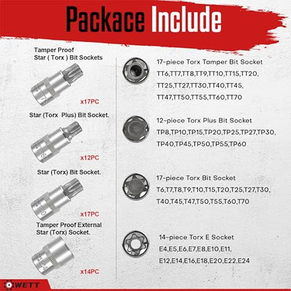 WETT Master Torx Bit Socket and External Torx Socket Set, 60-Piece 1/4", 3/8", 1/2" Drive E-Torx Sockets (E4-E24, T6-T70, TT6-TT70, TP8-TP60), S2 and CR-V Steel
