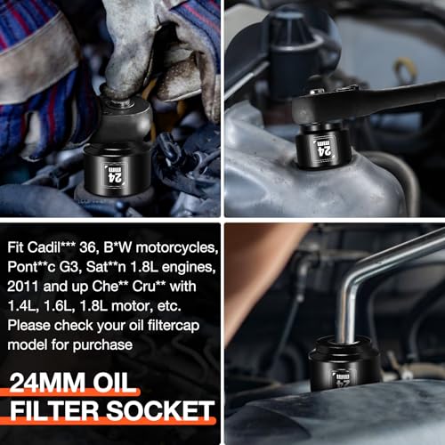 BLACKROBOT 24mm Low Profile Oil Filter Socket, 3/8" Drive 6-Point Oil Filter Cap Remover and Installer Tool, Chrome Vanadium Steel - size: 24mm