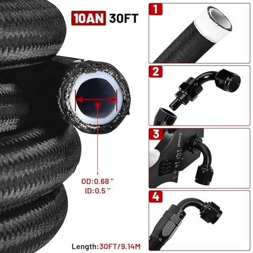 10AN 30FT PTFE Fuel Line Hose Kit, AN10 E85 Nylon Stainless Steel Braided Fuel Hose with 10 PCS Swivel PTFE Fuel Hose End Fittings Adapter Kit - Black - color: Black, size: 10AN Fitting+30Ft Hose