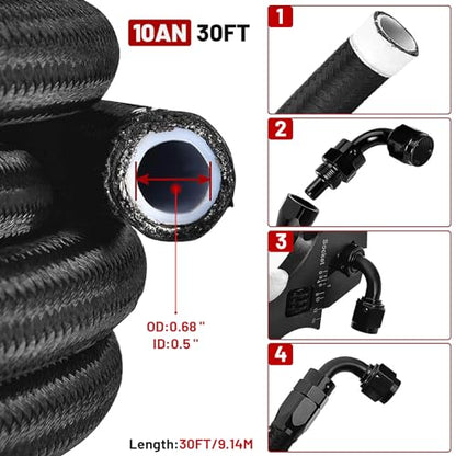 10AN 30FT PTFE Fuel Line Hose Kit, AN10 E85 Nylon Stainless Steel Braided Fuel Hose with 10 PCS Swivel PTFE Fuel Hose End Fittings Adapter Kit - Black - color: Black, size: 10AN Fitting+30Ft Hose