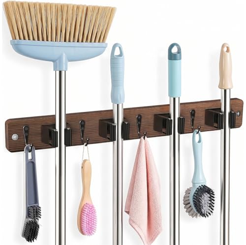 Broom Holder Wall Mount, 4 Holders 4 Hooks Mop and Broom Organizer | Mop Holder Wall Mount and Broom Hanger for Garage, Laundry Room, Kitchen and Utility Storage - color: Brown, size: 1 Pack