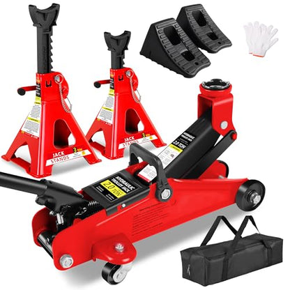 2 Ton (4000 lbs) Capacity, Low Profile Hydraulic Trolley Service/Floor Jack Combo with 2 Ratchet 3 Ton Jack Stands,Wheel Chock - color: 2Ton with Jack stands+Wheel chock Red