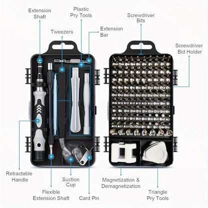 115-in-1 Precision Screwdriver Set for Electronics Cell Phones Watches and Automotive Maintenance - Professional Repair Kit with Magnetic Non-Slip Handle and Tweezers with Flat and Multiple Bits - color: Grey