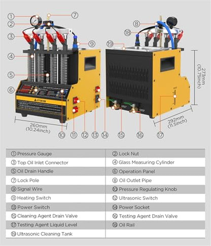 CT160 Fuel Injector Cleaner Tester, 4-Cylinder Ultrasonic Machine, 110V | 4-cylinder fuel injector cleaner tester with ultrasonic cleaning, spray test, leakage test, heated tank and pressure control - color: Yellow