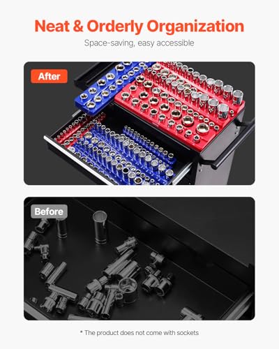VEVOR Magnetic Socket Organizer Set, 8PCS Socket Holder, 1/4'', 3/8'' & 1/2'' Metric SAE Socket Trays with Clear Labels, Hold up to 199PCS Standard & Deep Sockets, Blaue & Red (Sockets Not Included) - style: 8pcs Metric & SAE
