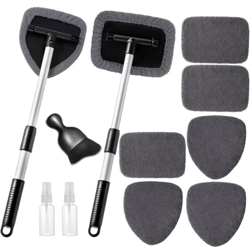 Qydipclin 11pcs Windshield Cleaner Tool, Car Window Cleaning Wash Kit with 6 Reusable Microfiber Pads 2 Spray Bottles and Extendable Handles Auto Glass Wiper Kit, Gray - color: Gray