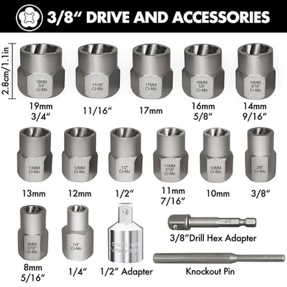 16PCS Bolt Extractor Kit 3/8" Drive Lug Nut Remover Socket Set for Stripped, Damaged Screws, Rounded Bolts and Fasteners (Included 3/8" Hex adapte and 1/2" Adapter) - style: 3/8" Drive-16PCS