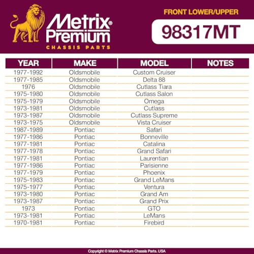 Metrix Premium Chassis Parts - 4 PC Front Lower & Upper Ball Joint Kit Fits 91-96 Buick Roadmaster, 73-87 Chevrolet El Camino, 78-87 GMC Caballero, 70-81 Pontiac Firebird, K5208 K6145T, Made in Europe