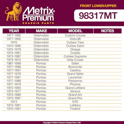 Metrix Premium Chassis Parts - 4 PC Front Lower & Upper Ball Joint Kit Fits 91-96 Buick Roadmaster, 73-87 Chevrolet El Camino, 78-87 GMC Caballero, 70-81 Pontiac Firebird, K5208 K6145T, Made in Europe