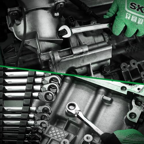 SK Reversible Ratcheting Wrench Set, Combination Wrench Set, 12-Piece, Metric 8-19 mm, 72-Tooth, Premium CR-V Construction, with Rack Organizer - size: 8-19 mm