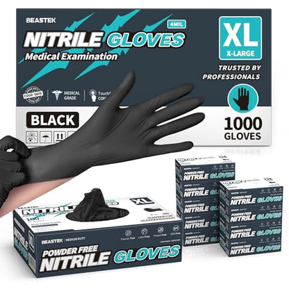 Beastek Nitrile+™ 4 Mil Disposable Exam Gloves, Latex & Powder-Free Medical Food Safe Glove for Cooking Cleaning, Black 100Ct - color: 1000 Black (X-large)