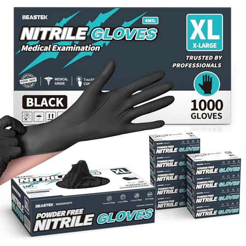 Beastek Nitrile+™ 4 Mil Disposable Exam Gloves, Latex & Powder-Free Medical Food Safe Glove for Cooking Cleaning, Black 100Ct - color: 1000 Black (X-large)
