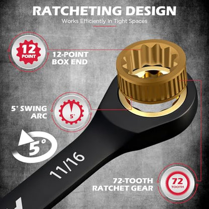 Premium 24-Piece Ratcheting Wrench Set, SAE(1/4-7/8") & Metric(8–19mm) Combination Wrenches, 72-Tooth CR-V Steel with Durable Black Finish, Ratchet Spanners with Roll-Up Tool Pouch for Repair - style: 24-Pc Ratcheting (Black Finish)