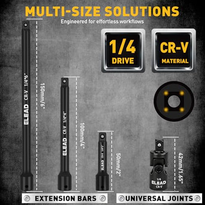 4-Piece 1/4" Drive Socket Extension Bar Set, 2, 4, 6 inch Professional Extension Set, 1/4 Inch Drive Universal Joint Socket, Premium Cr-V Steel Sockets Wrench Extender - style: 4-Piece 1/4" Socket Extension Bar Set