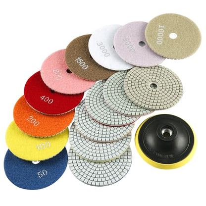 LOZLIN 4 Inch Diamond Polishing Pads with 5/8’’-11 Backer Pad,16PCS Wet/Dry Stone Polish Kit for Drill,Angle Grinder,Rock Polisher,50-10000 Grit for Concrete,Marble,Quartz,Tile,Countertop & Rock