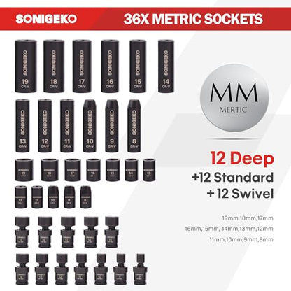 3/8" Drive Impact Socket Set, 67-Piece Standard Metric & SAE 6 Point CR-V Steel Sockets,Includes Extension Bars, 20-Piece Swivel Sockets, Universal Joint, Ratchet Handle and Adapter - size: 67 PCS, 3/8" Socket set, Metric & SAE & Swivel